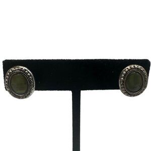 Vintage  Stud Earrings Silver-Tone Oval Green Cabochon